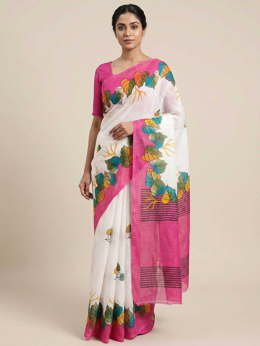 Peachmode White Linen Leaf Print Saree with Pink Border - Image 1