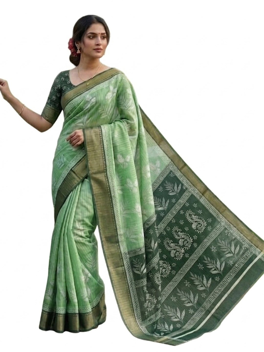 Peachmode Green Dola Silk Zari Border Saree - Image 3