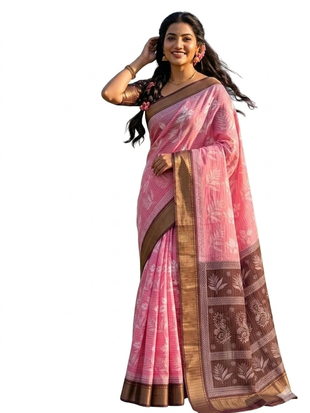Peachmode Pink Dola Silk Zari Border Saree - Image 3