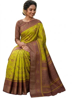 Peachmode Mustard Brown Dola Silk Zari Border Saree - Image 2