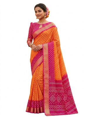 Peachmode Orange Pink Dola Silk Zari Border Saree - Image 2