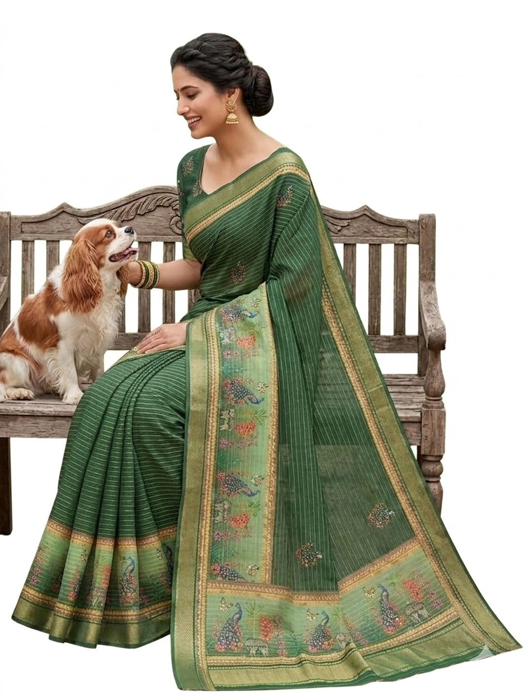 Peachmode Green Dola Silk Zari Border Saree - Image 3