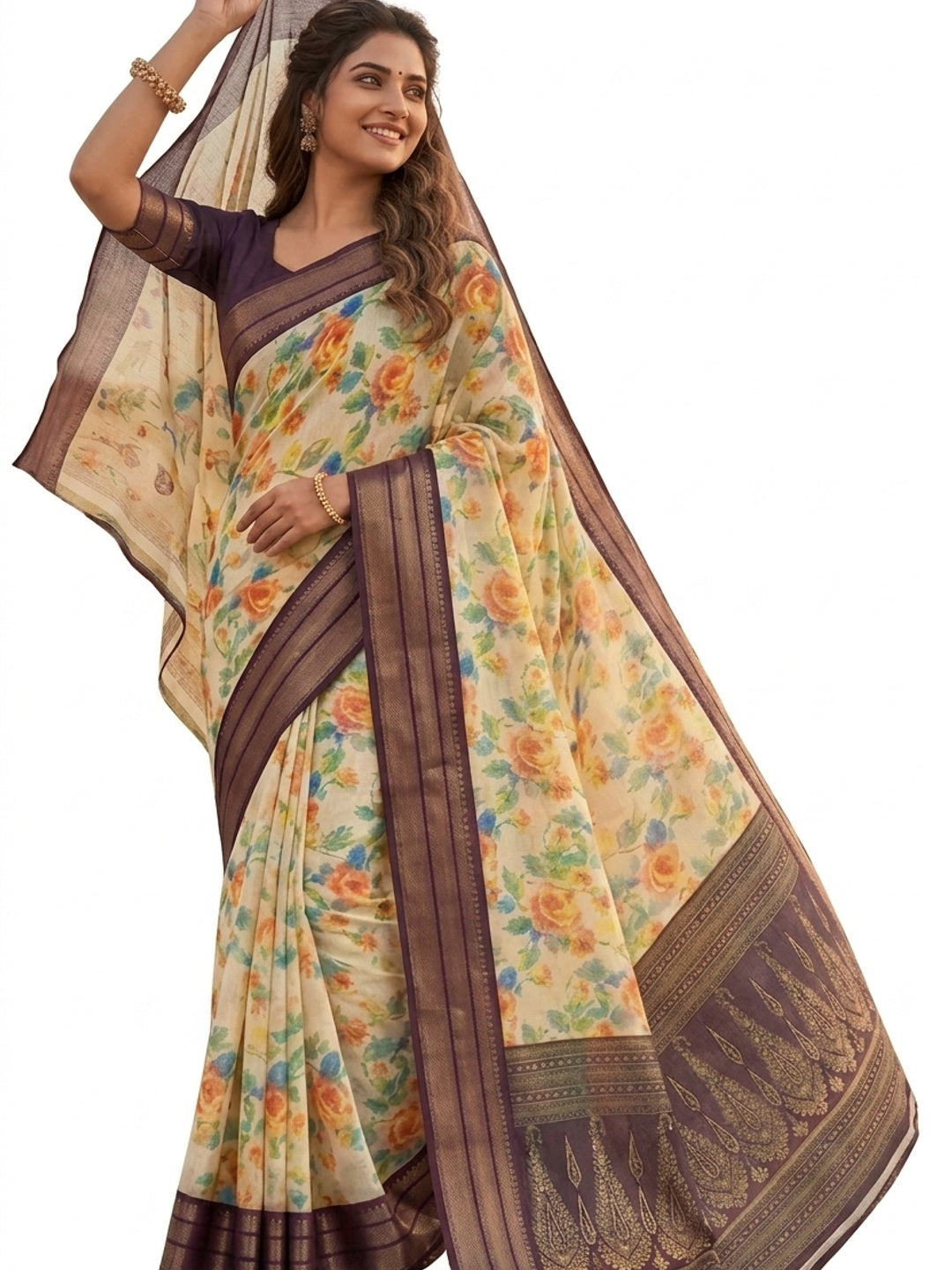 Peachmode Cream Purple Dola Silk Zari Border Saree - Image 2