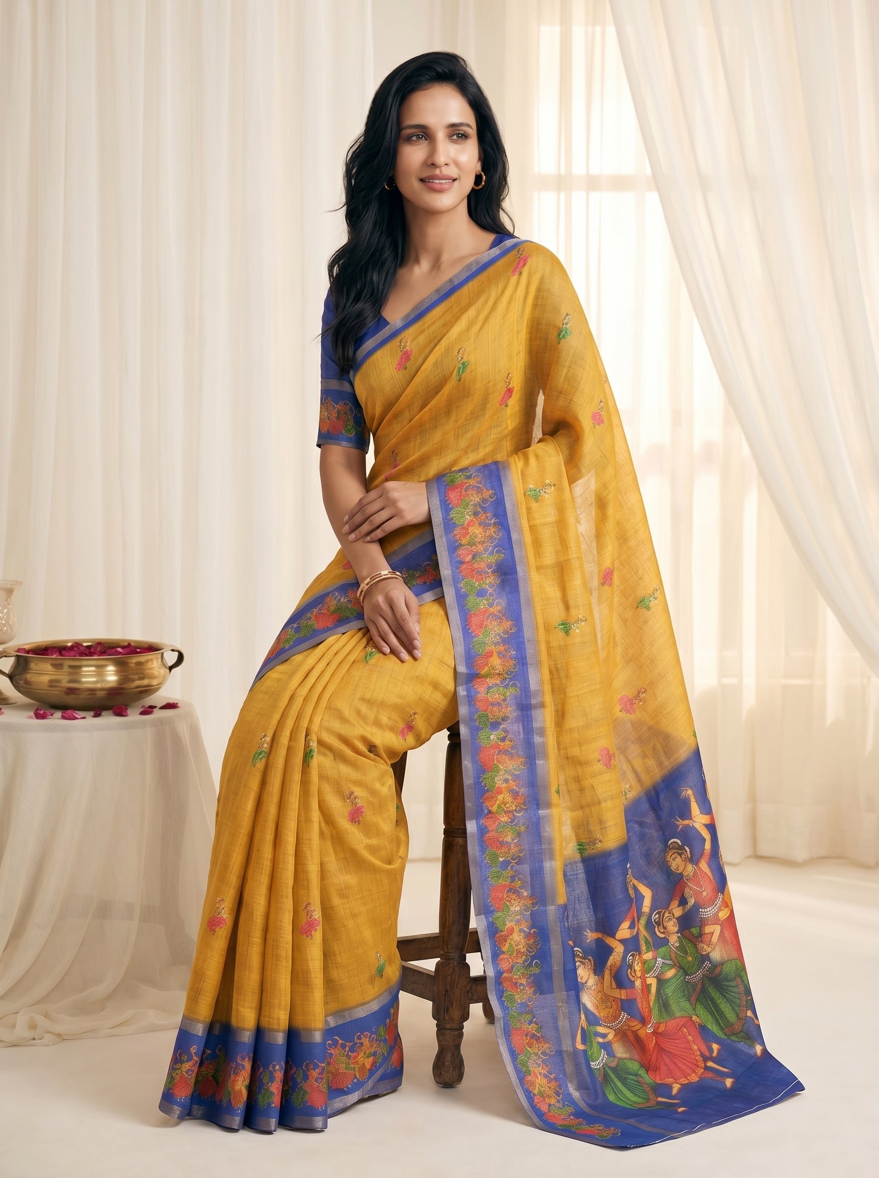 Peachmode Mustard Linen Cotton Zari Bentex Border Saree - Image 3