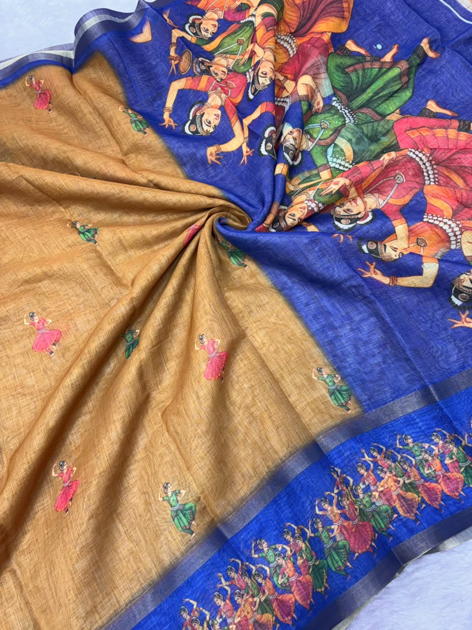 Peachmode Mustard Linen Cotton Zari Bentex Border Saree - Image 7