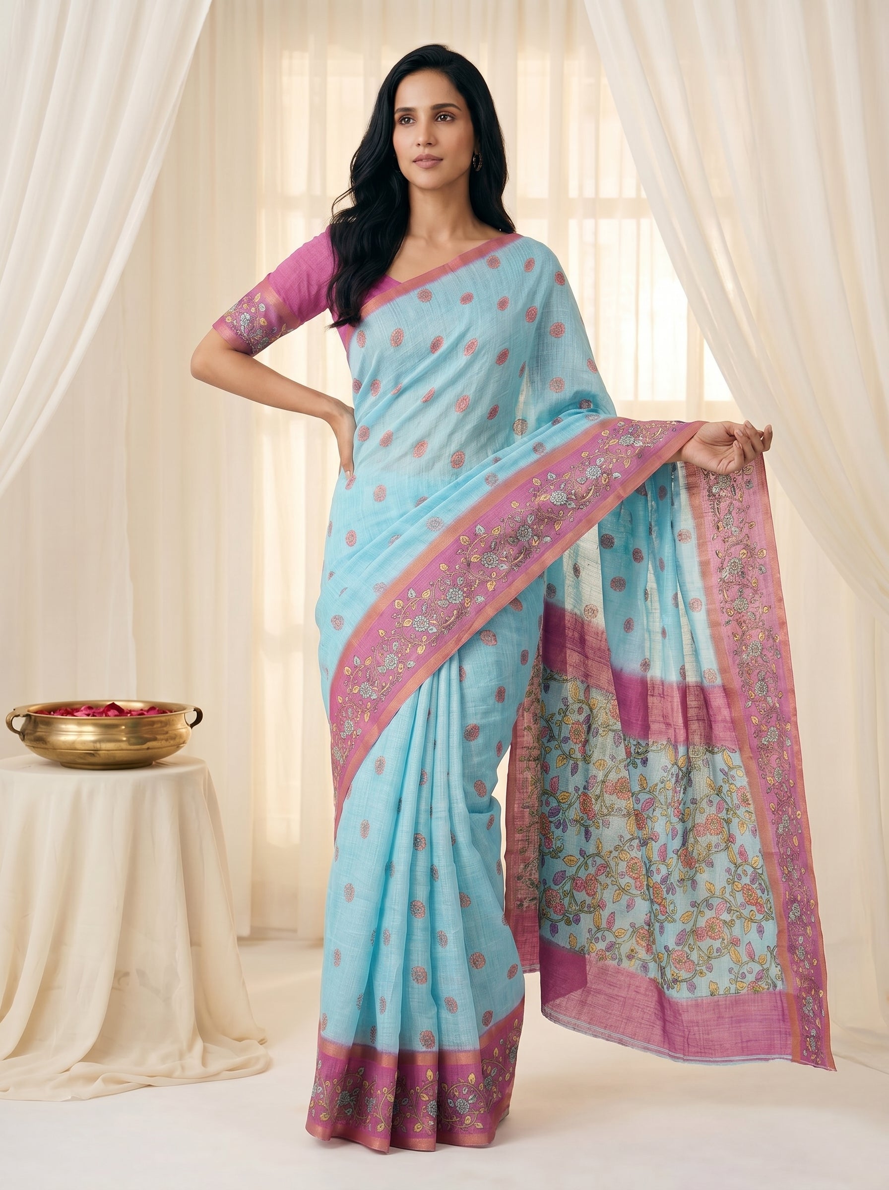 Peachmode Sky Blue Linen Cotton Zari Bentex Border Saree - Image 3