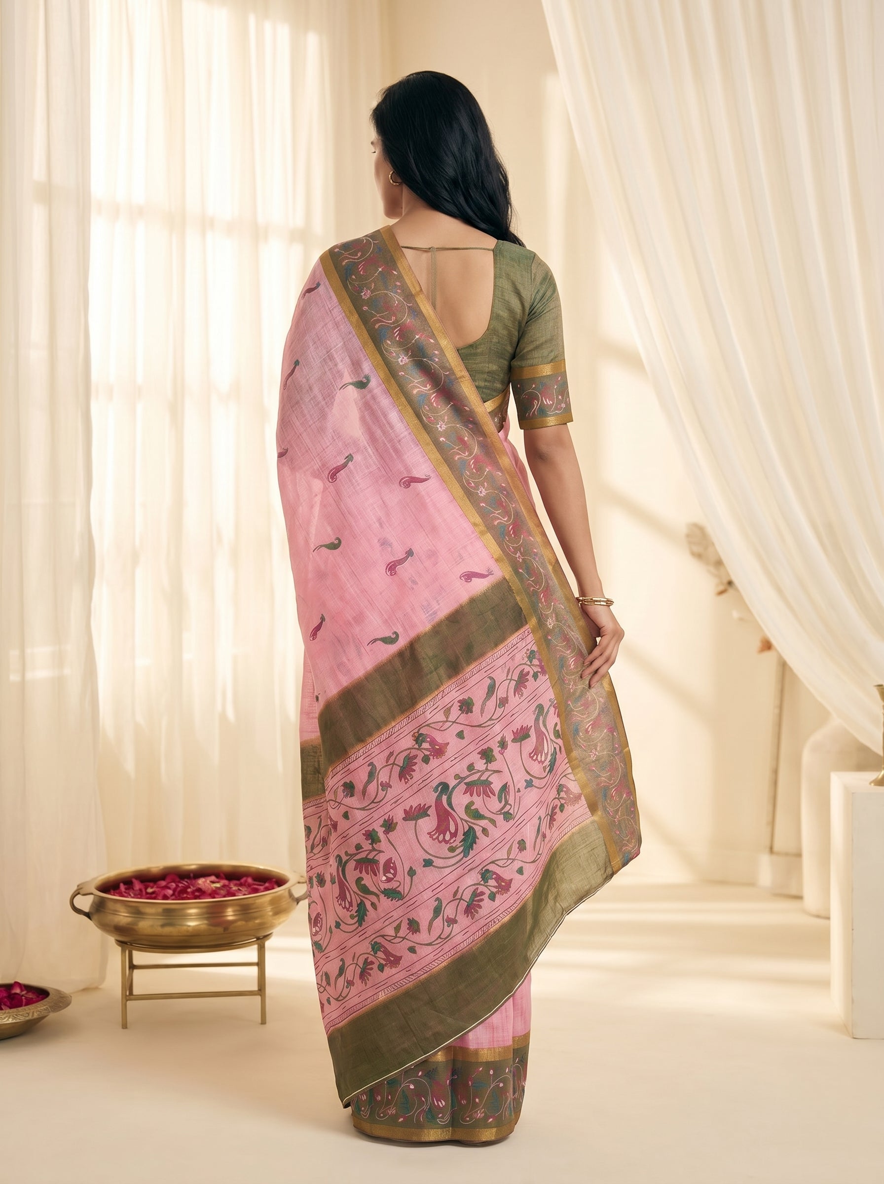 Peachmode Pink Linen Cotton Zari Bentex Border Saree - Image 2