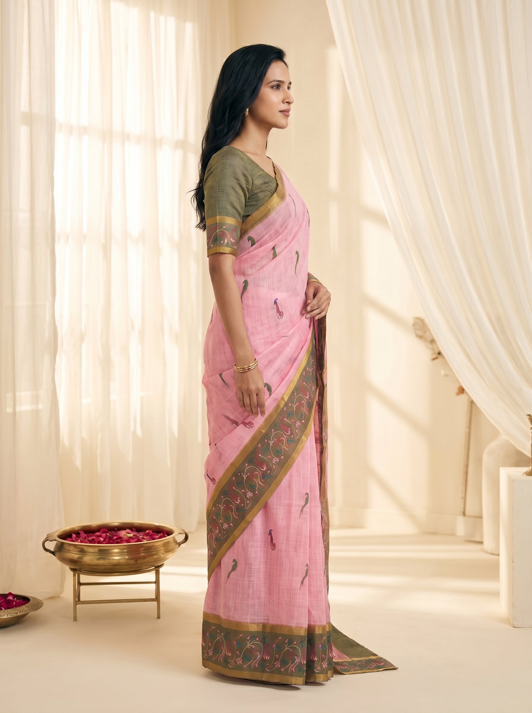 Peachmode Pink Linen Cotton Zari Bentex Border Saree - Image 4