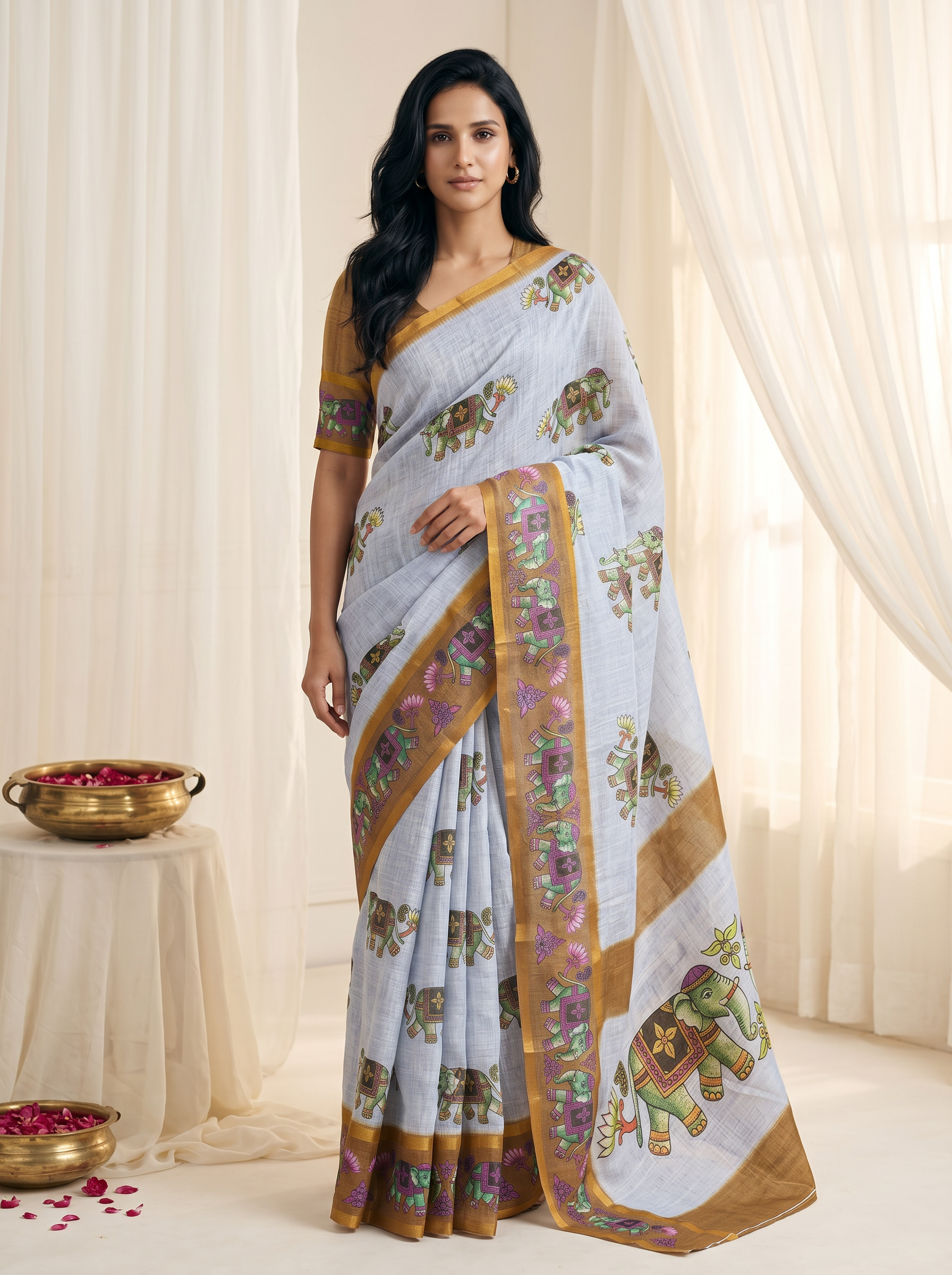 Peachmode White Linen Cotton Zari Bentex Border Saree - Image 1