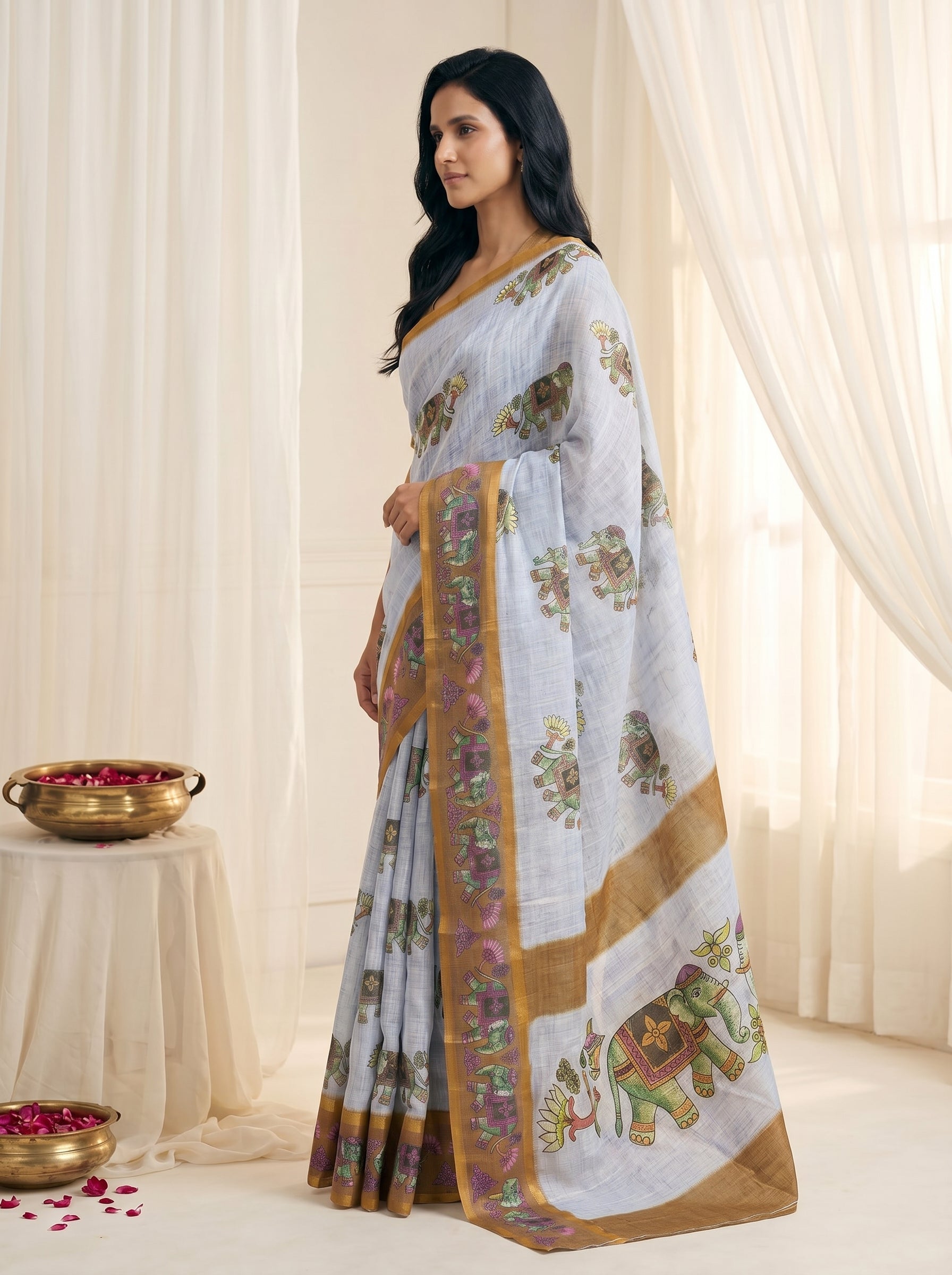 Peachmode White Linen Cotton Zari Bentex Border Saree - Image 4