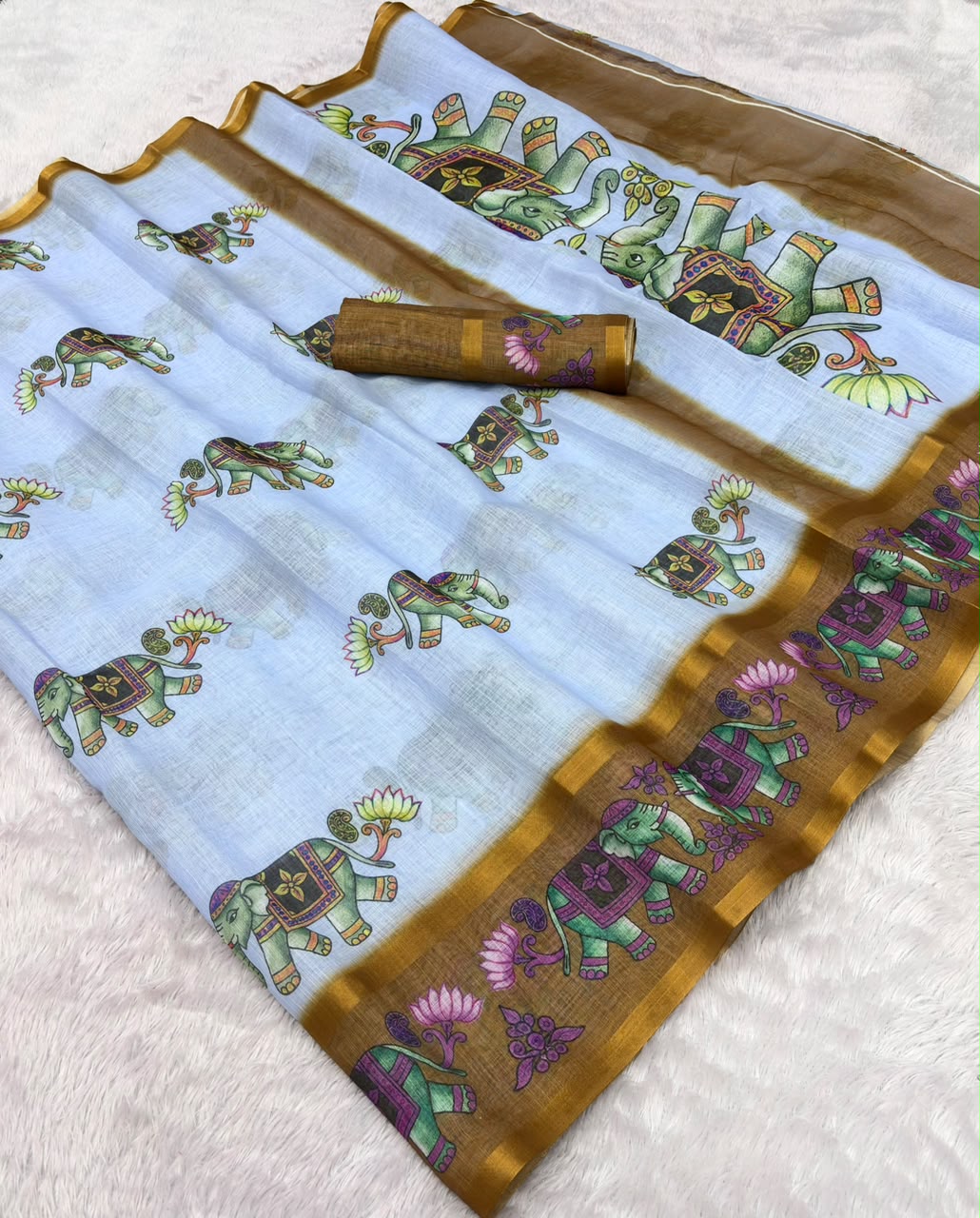 Peachmode White Linen Cotton Zari Bentex Border Saree - Image 6