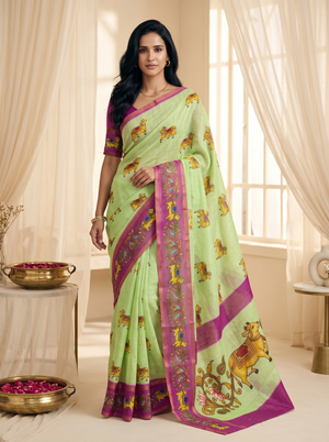 Peachmode Pista Linen Cotton Zari Bentex Border Saree - Image 1