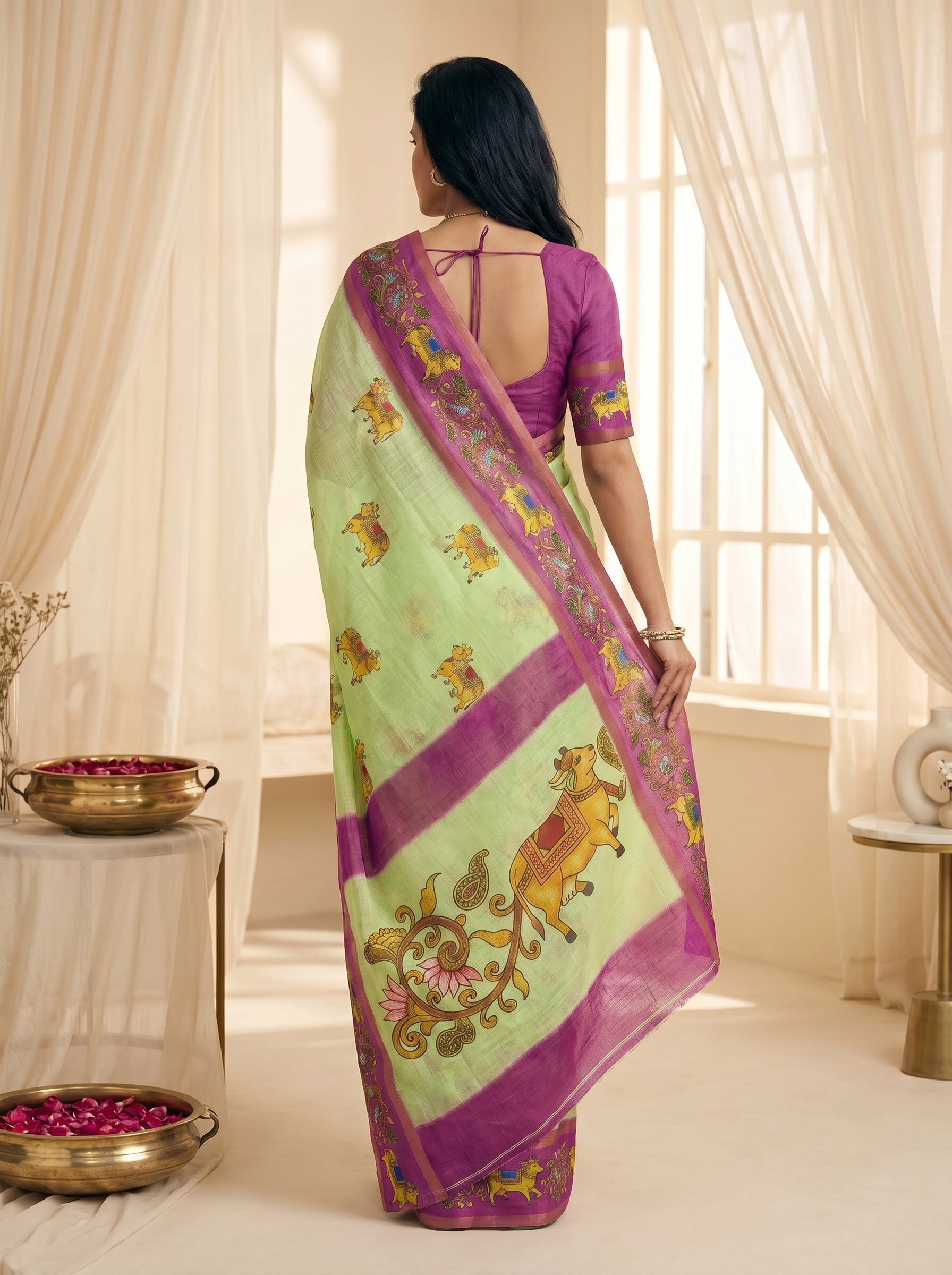 Peachmode Pista Linen Cotton Zari Bentex Border Saree - Image 2