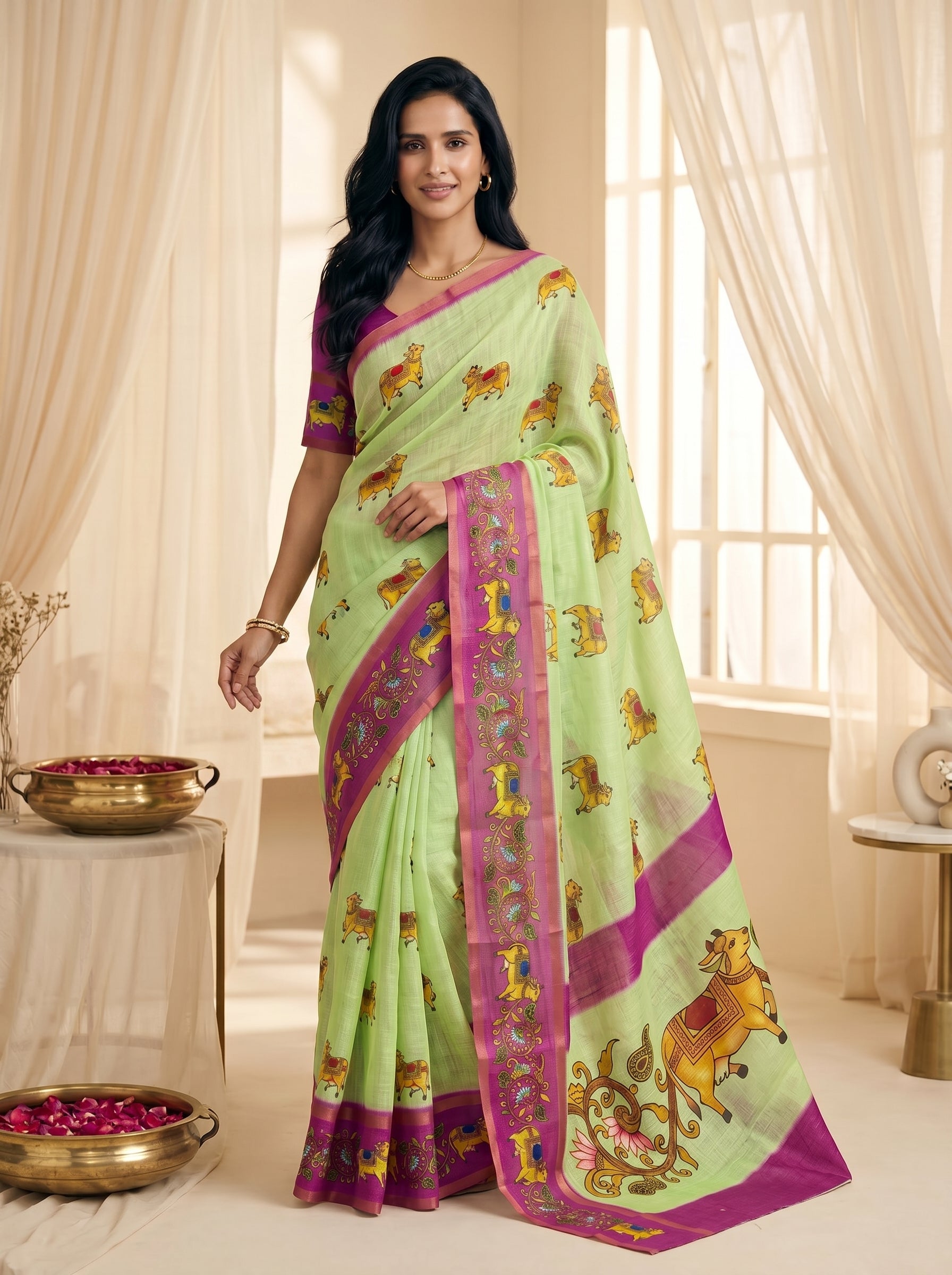 Peachmode Pista Linen Cotton Zari Bentex Border Saree - Image 3