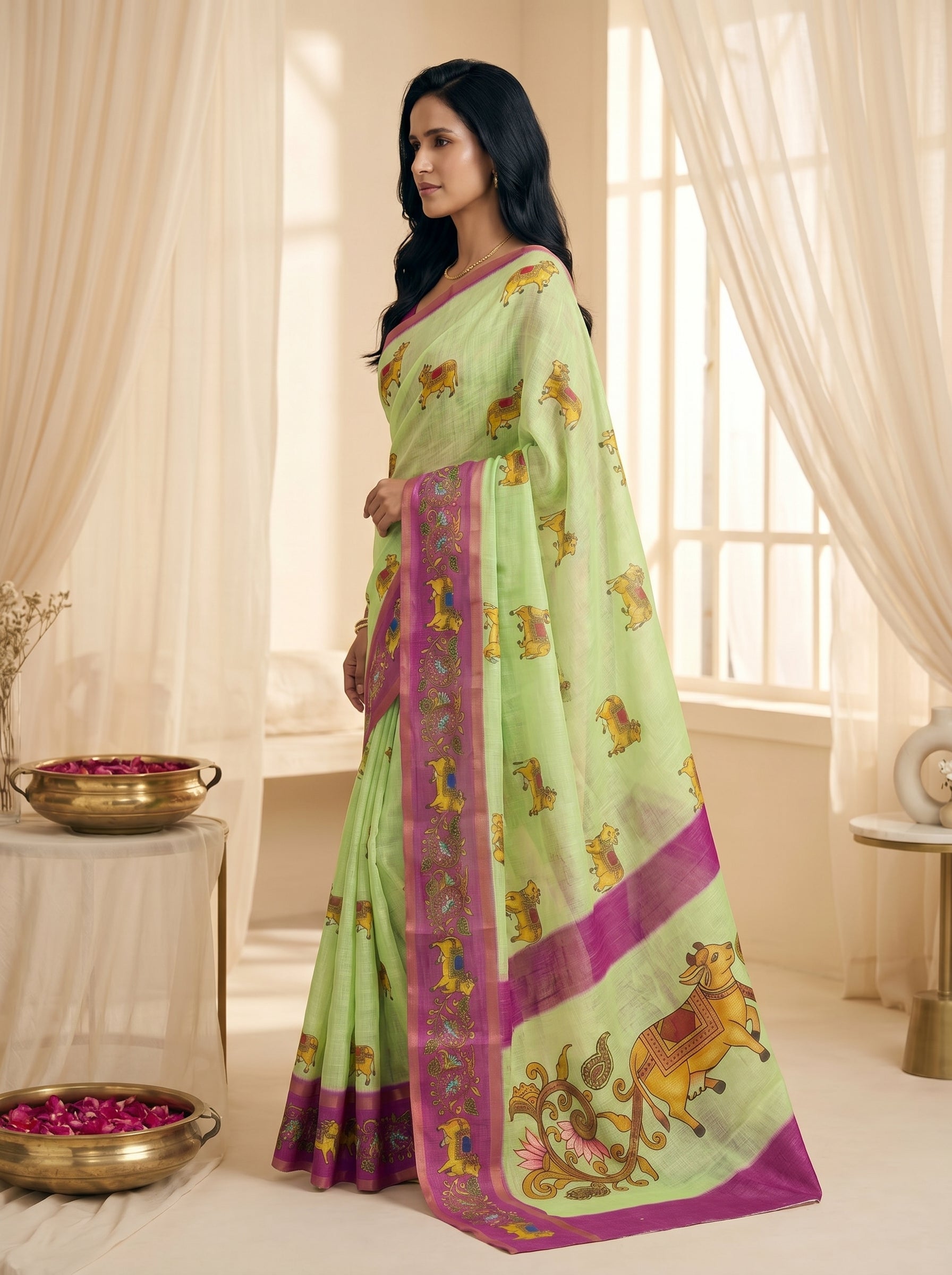 Peachmode Pista Linen Cotton Zari Bentex Border Saree - Image 4