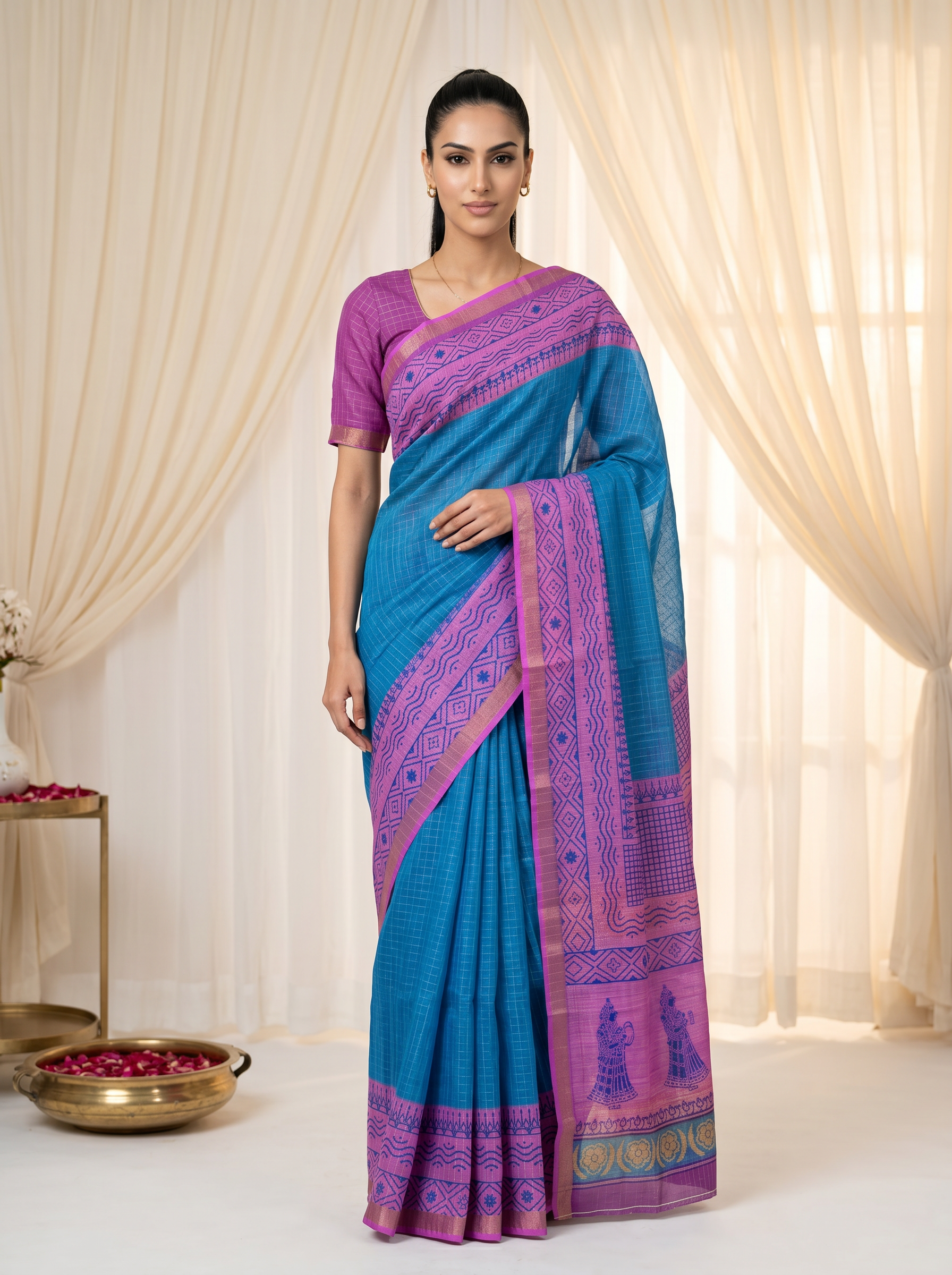 Peachmode Teal Blue Linen Cotton Checks Weave Digital Print Saree - Image 1