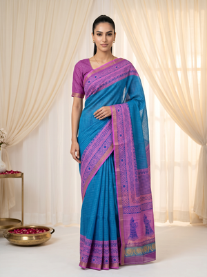 Peachmode Teal Blue Linen Cotton Checks Weave Digital Print Saree - Image 1