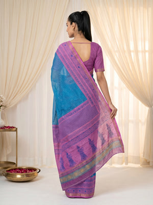 Peachmode Teal Blue Linen Cotton Checks Weave Digital Print Saree - Image 2