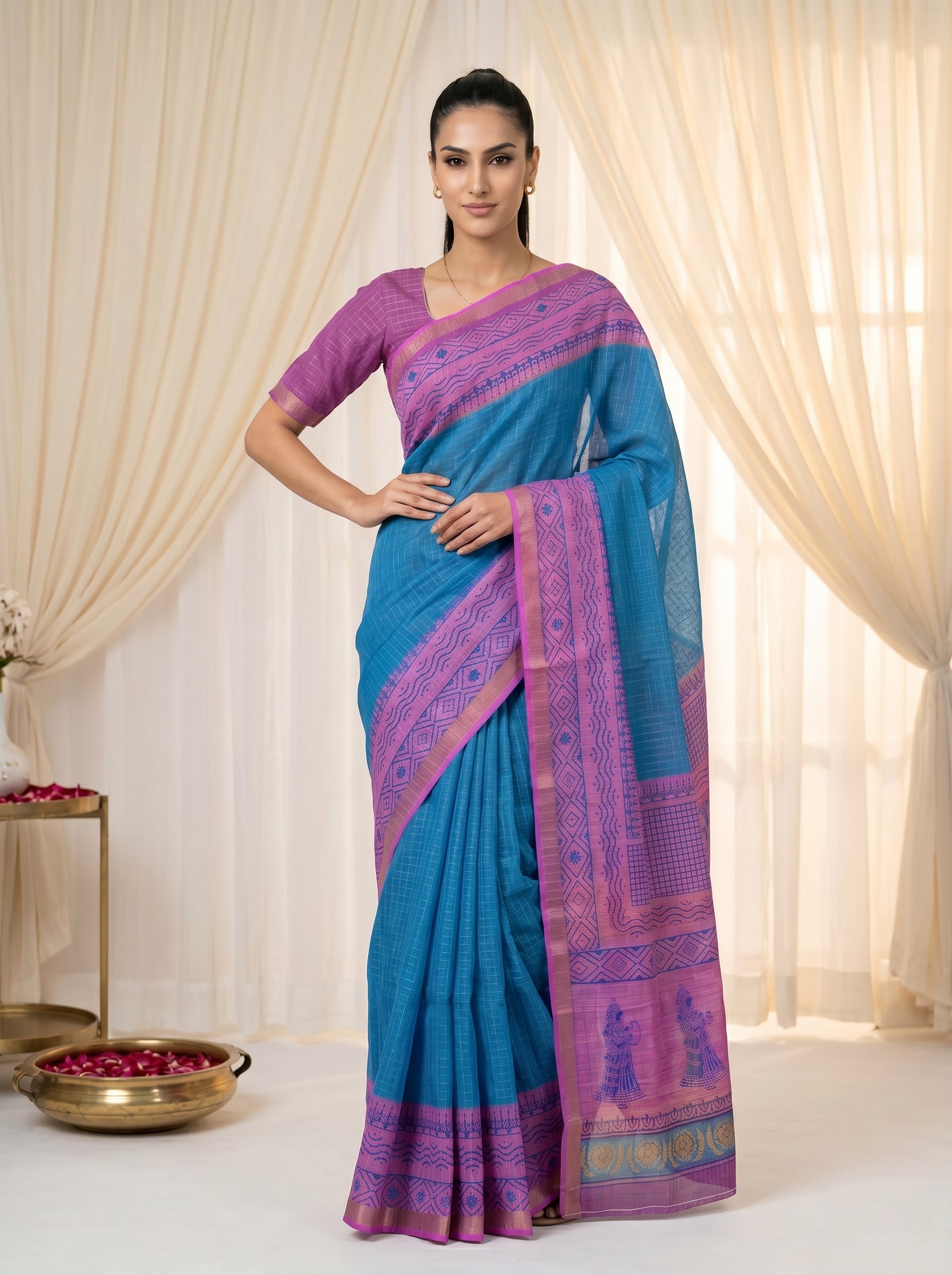 Peachmode Teal Blue Linen Cotton Checks Weave Digital Print Saree - Image 3