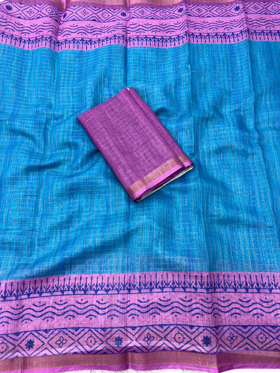 Peachmode Teal Blue Linen Cotton Checks Weave Digital Print Saree - Image 6