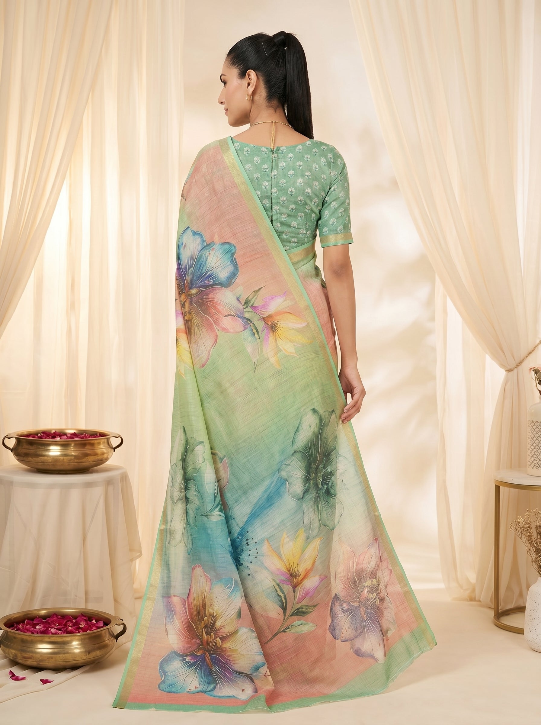 Peachmode Mint Green Linen Cotton Checks Weave Digital Print Saree - Image 2