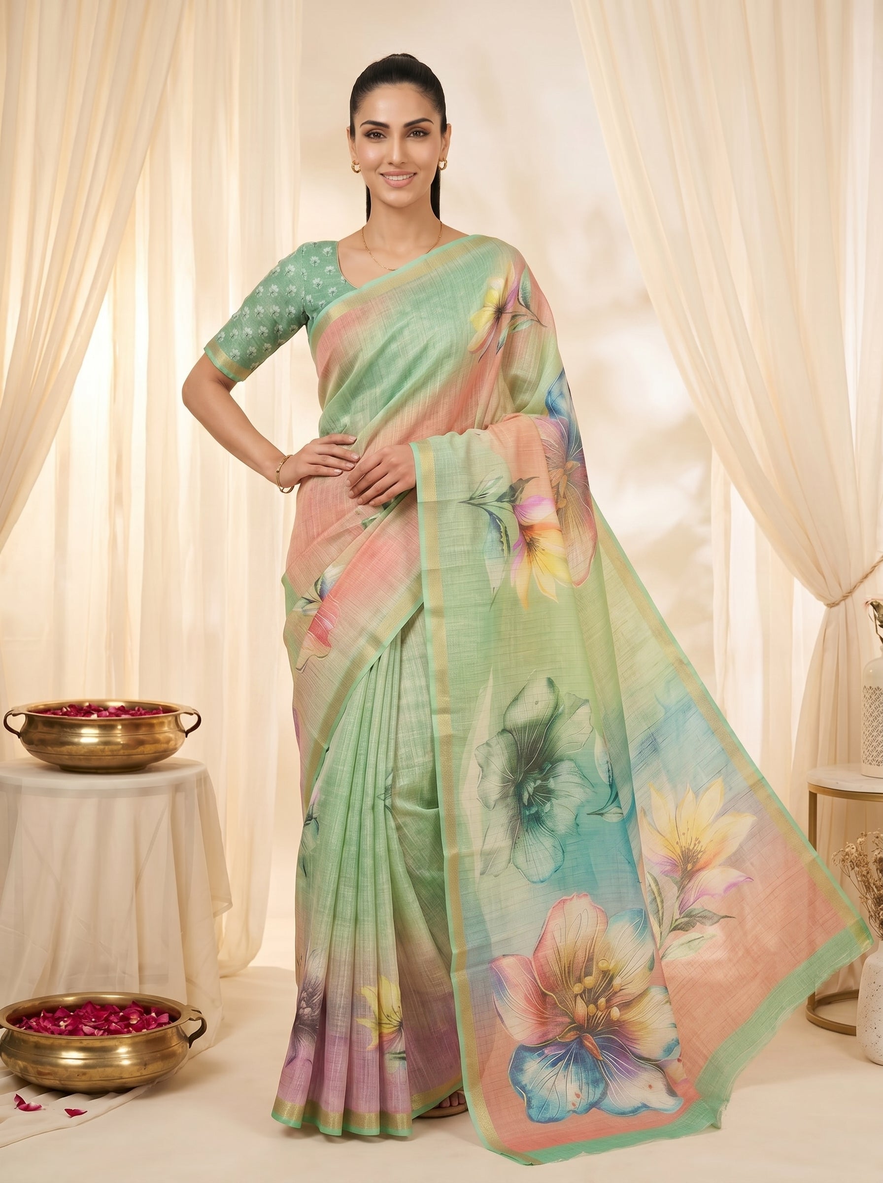 Peachmode Mint Green Linen Cotton Checks Weave Digital Print Saree - Image 3