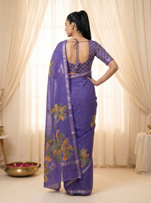 Peachmode Purple Linen Cotton Checks Weave Digital Print Saree - Image 2