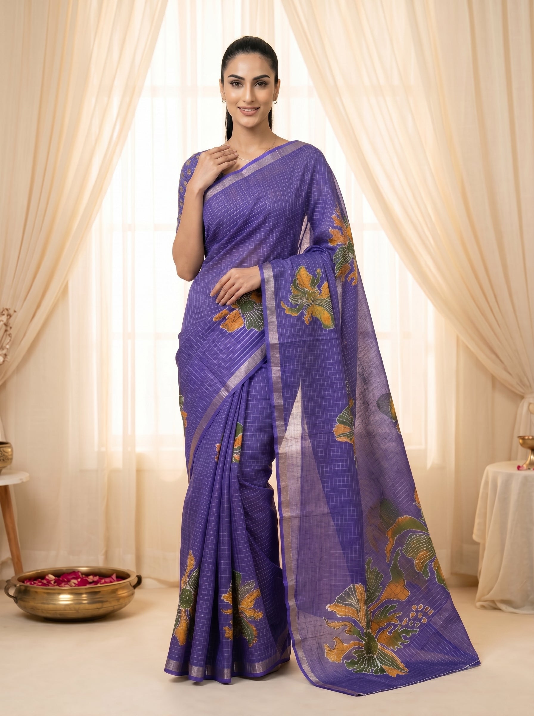 Peachmode Purple Linen Cotton Checks Weave Digital Print Saree - Image 3