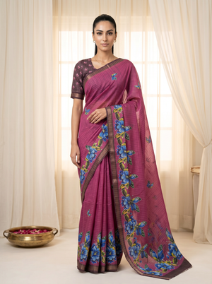 Peachmode Magenta Linen Cotton Checks Weave Digital Print Saree - Image 1