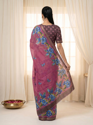 Peachmode Magenta Linen Cotton Checks Weave Digital Print Saree - Image 2