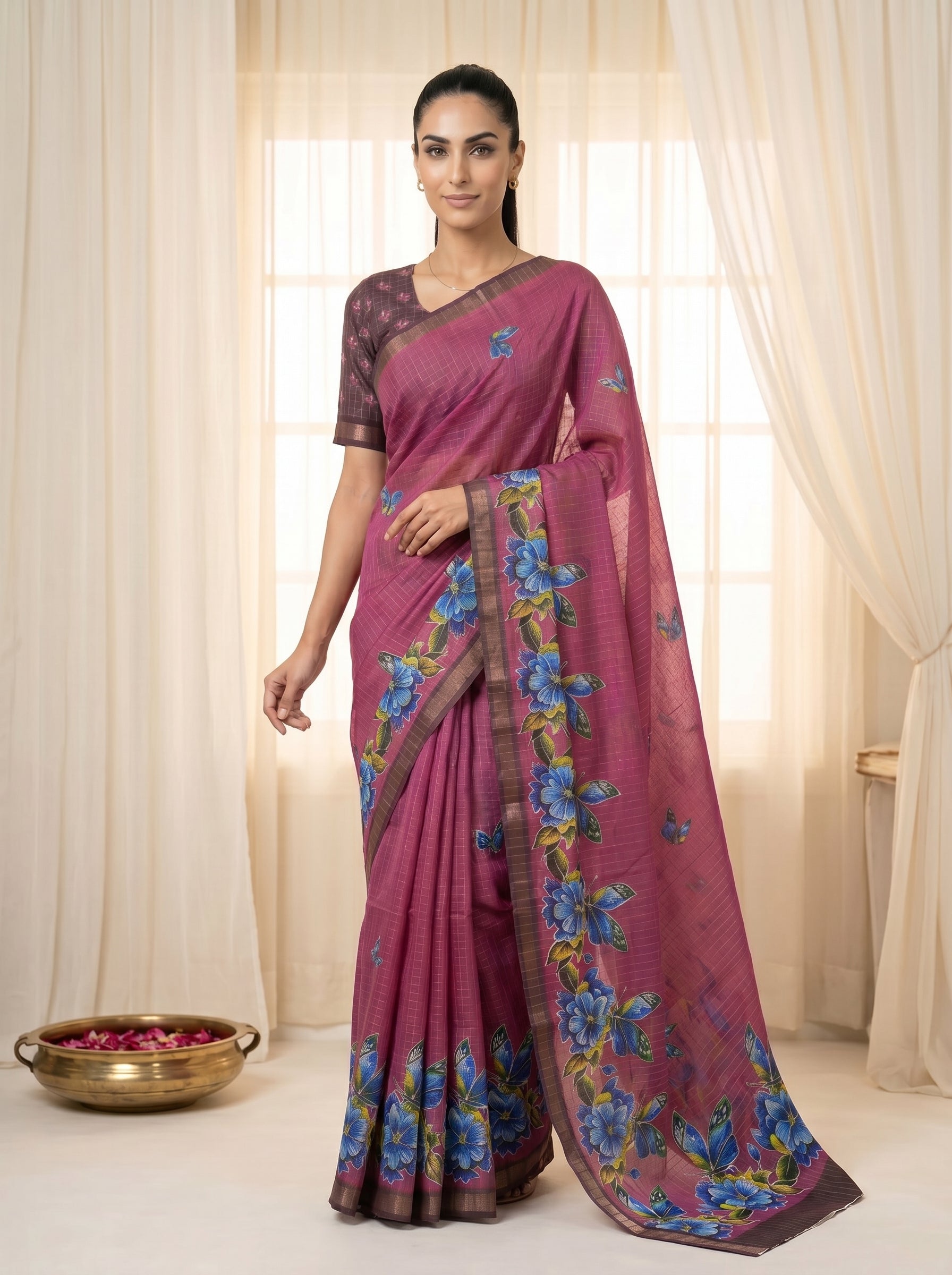 Peachmode Magenta Linen Cotton Checks Weave Digital Print Saree - Image 3