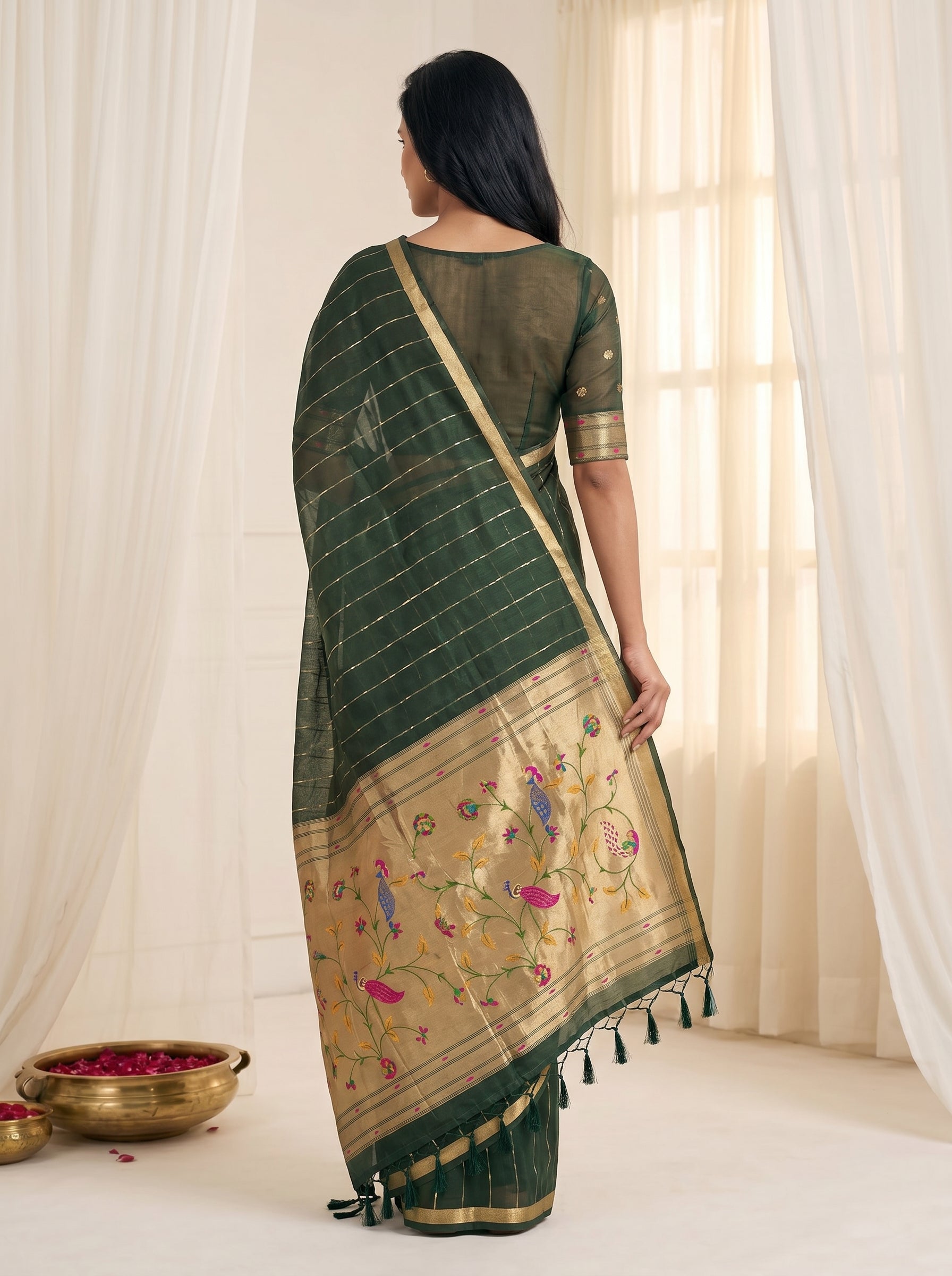 Peachmode Green Paithani Muga Silk Zari Weave Saree - Image 2