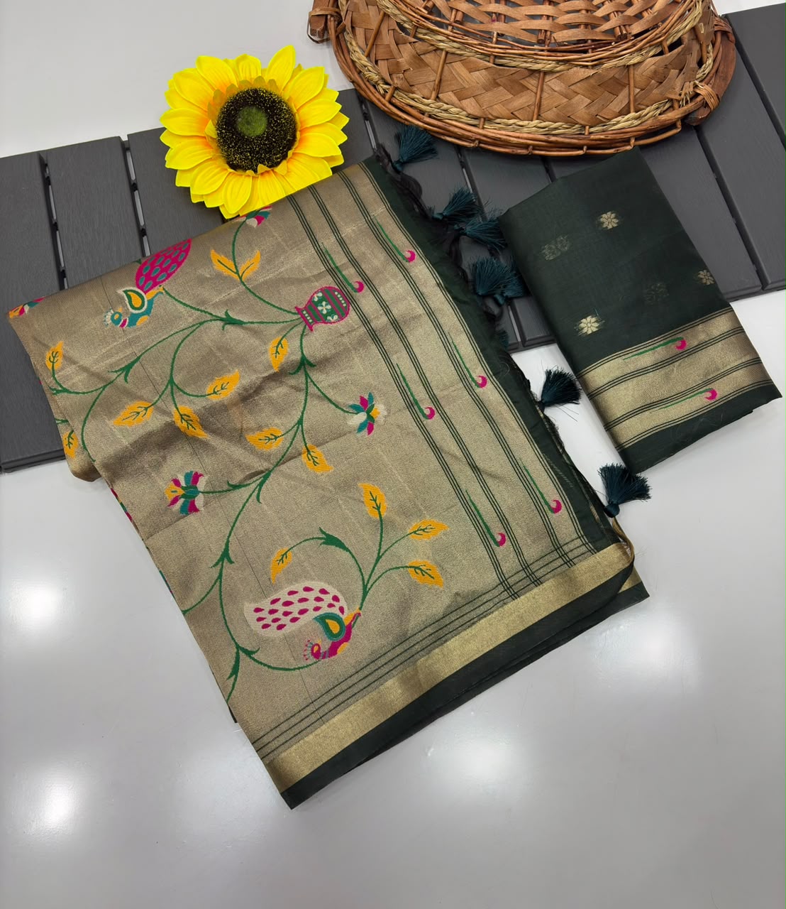 Peachmode Green Paithani Muga Silk Zari Weave Saree - Image 5