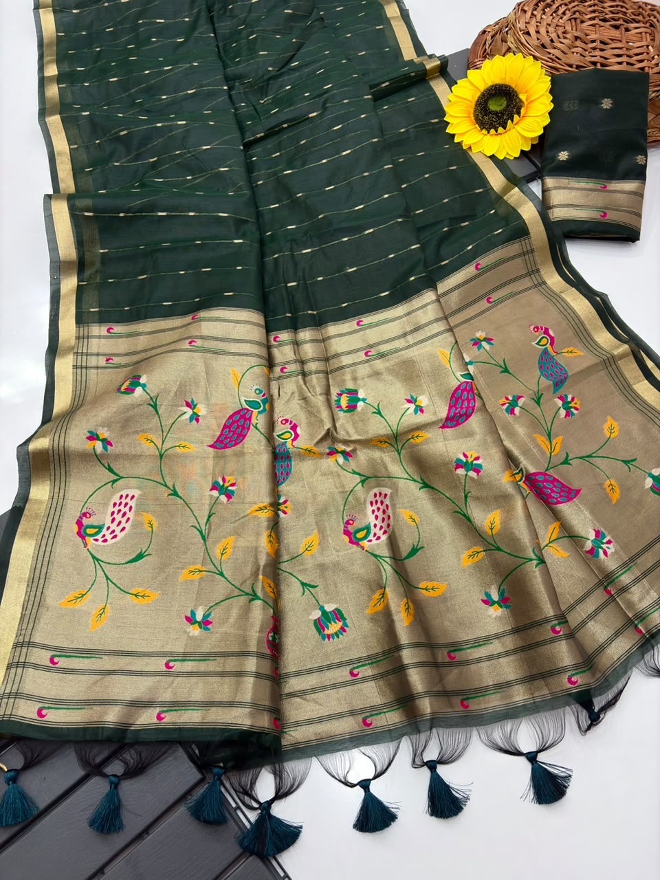 Peachmode Green Paithani Muga Silk Zari Weave Saree - Image 6