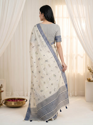 Peachmode Cream & Blue Muga Silk Warli Weave Border Saree - Image 2