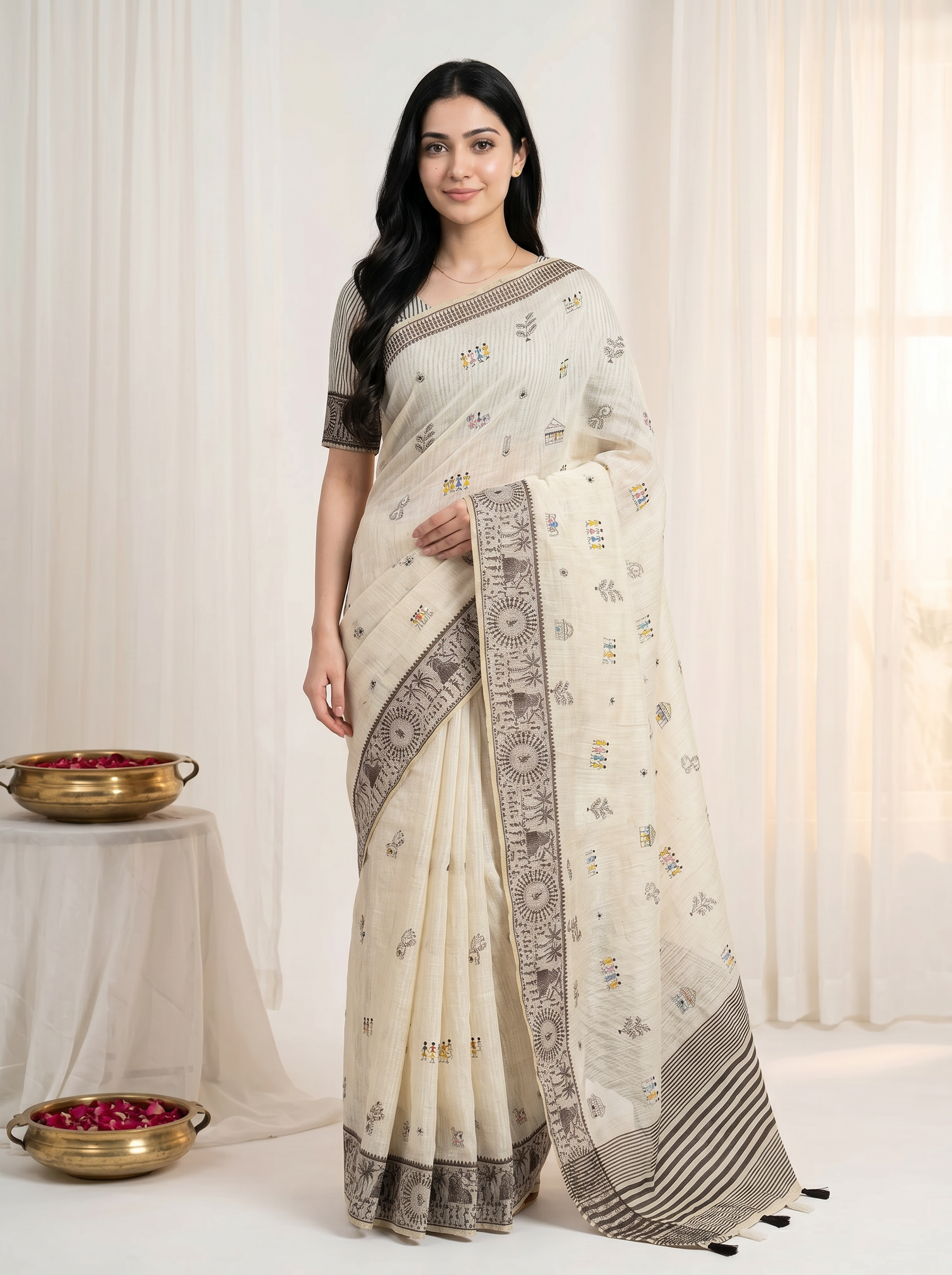 Peachmode Cream & Coffee Muga Silk Warli Weave Border Saree - Image 1