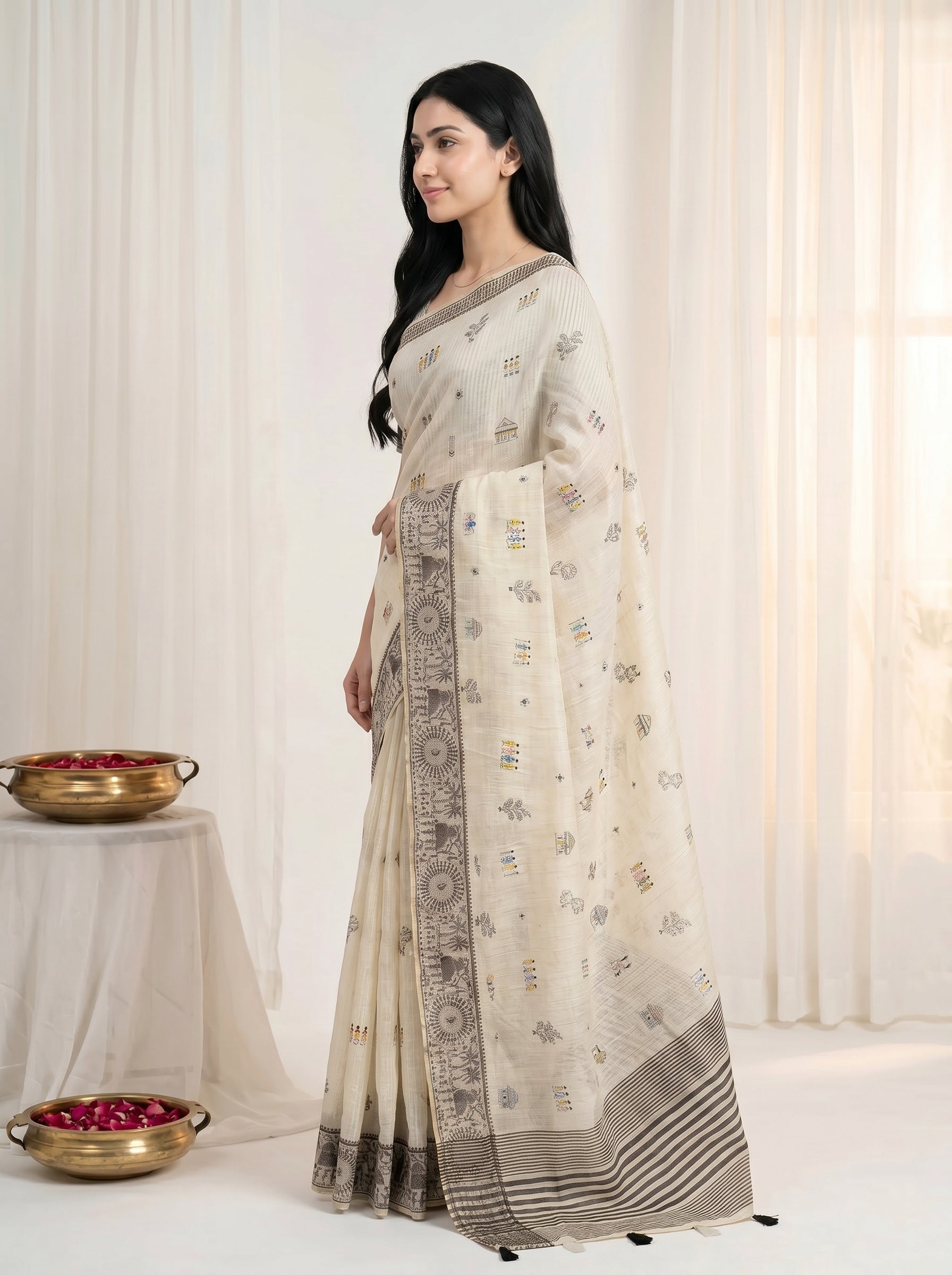 Peachmode Cream & Coffee Muga Silk Warli Weave Border Saree - Image 4