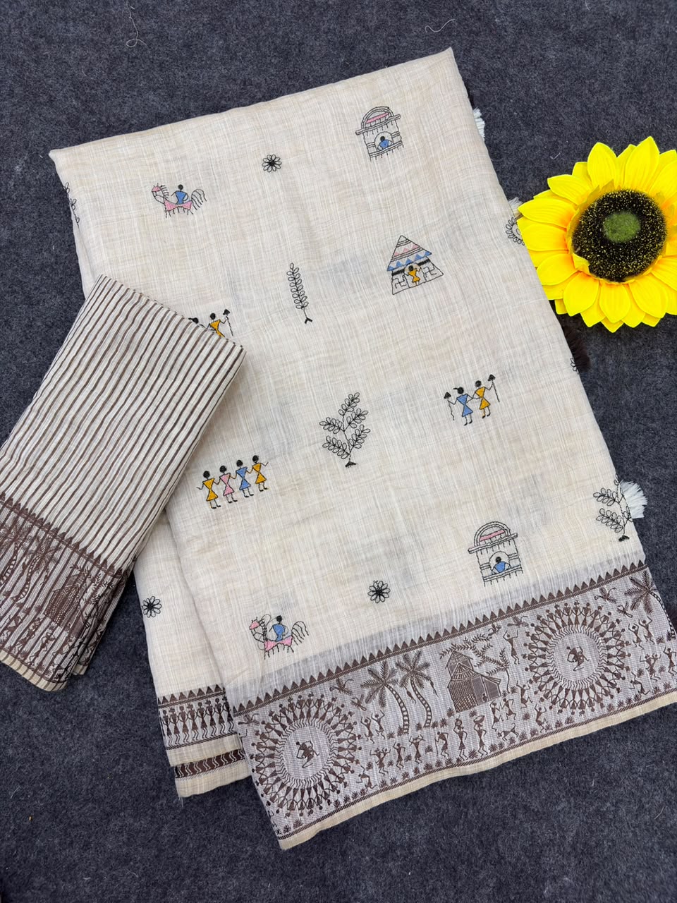 Peachmode Cream & Coffee Muga Silk Warli Weave Border Saree - Image 5