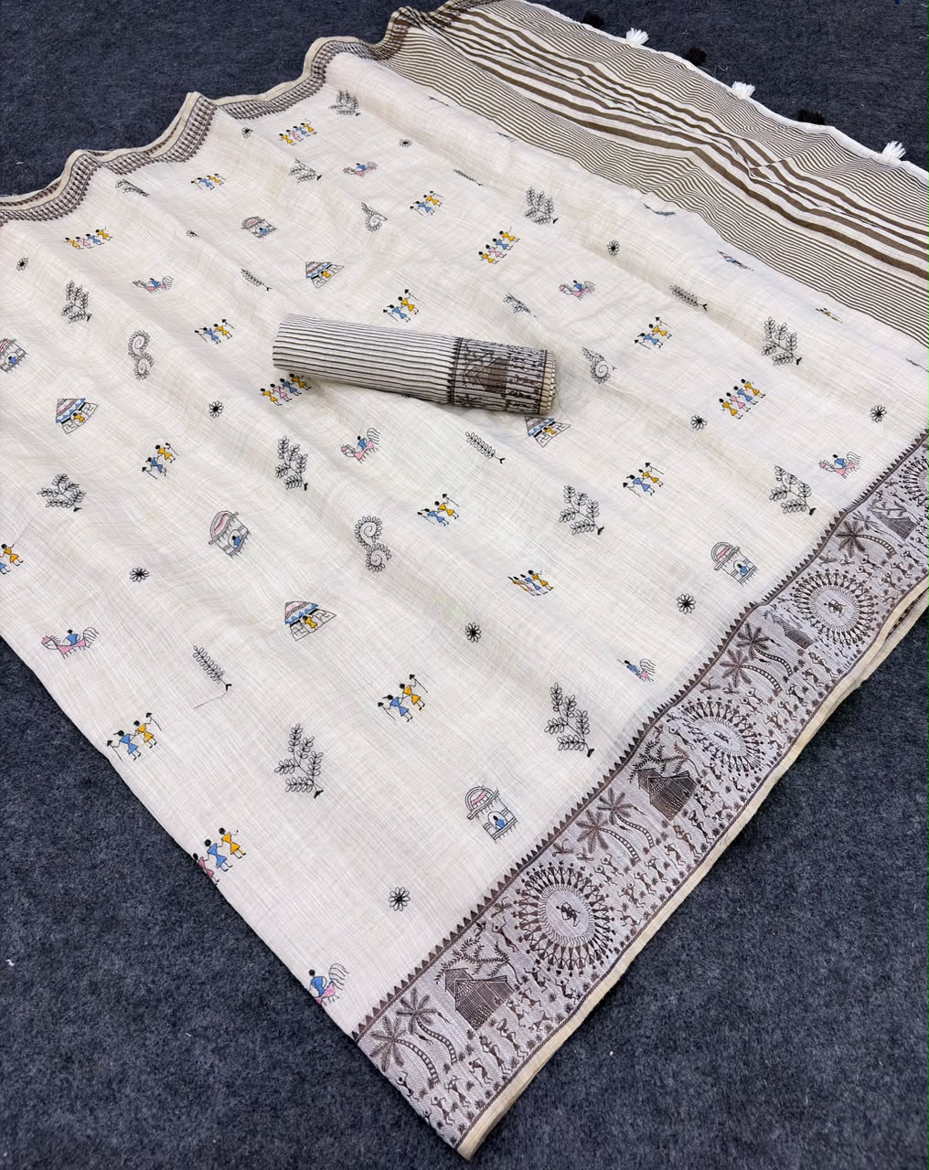 Peachmode Cream & Coffee Muga Silk Warli Weave Border Saree - Image 6