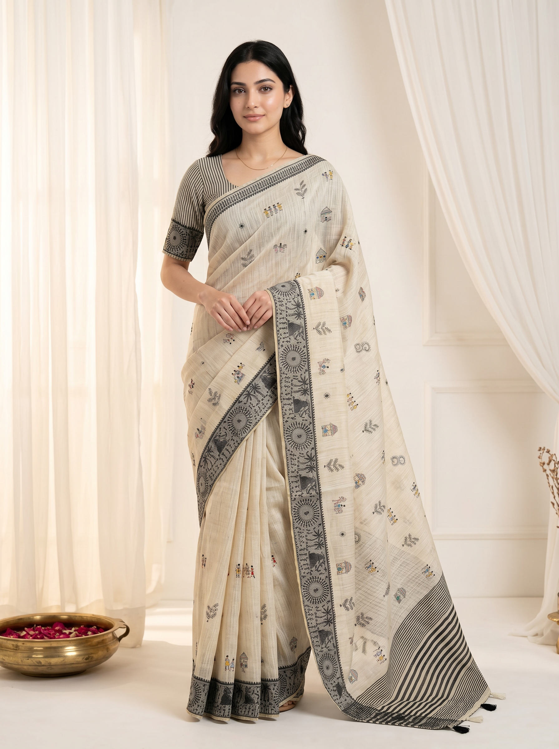 Peachmode Cream & Grey Muga Silk Warli Weave Border Saree - Image 1