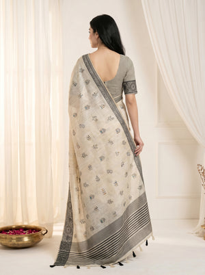 Peachmode Cream & Grey Muga Silk Warli Weave Border Saree - Image 2