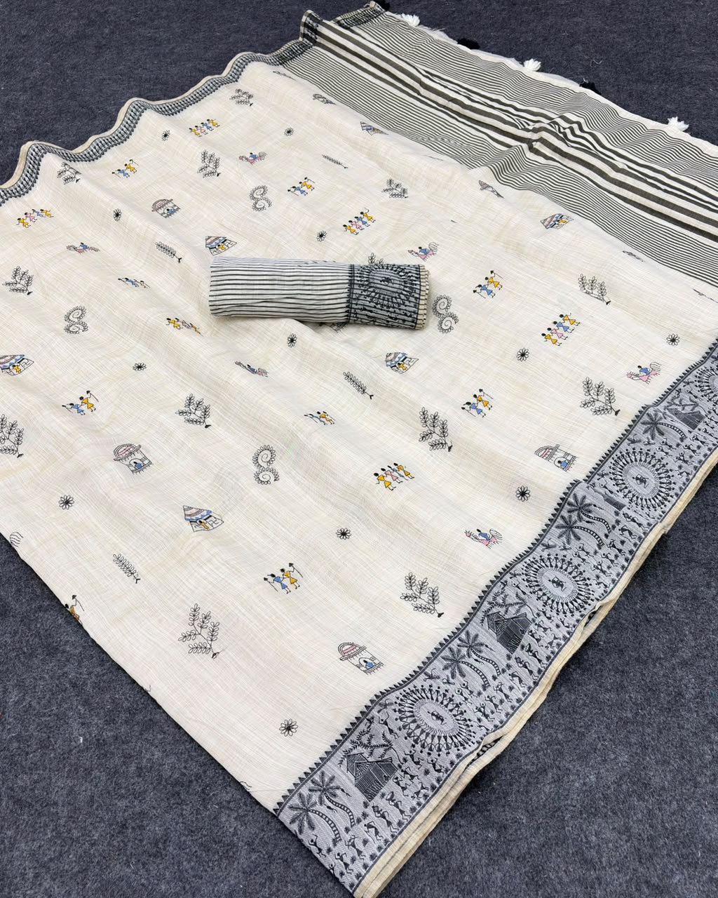 Peachmode Cream & Grey Muga Silk Warli Weave Border Saree - Image 5