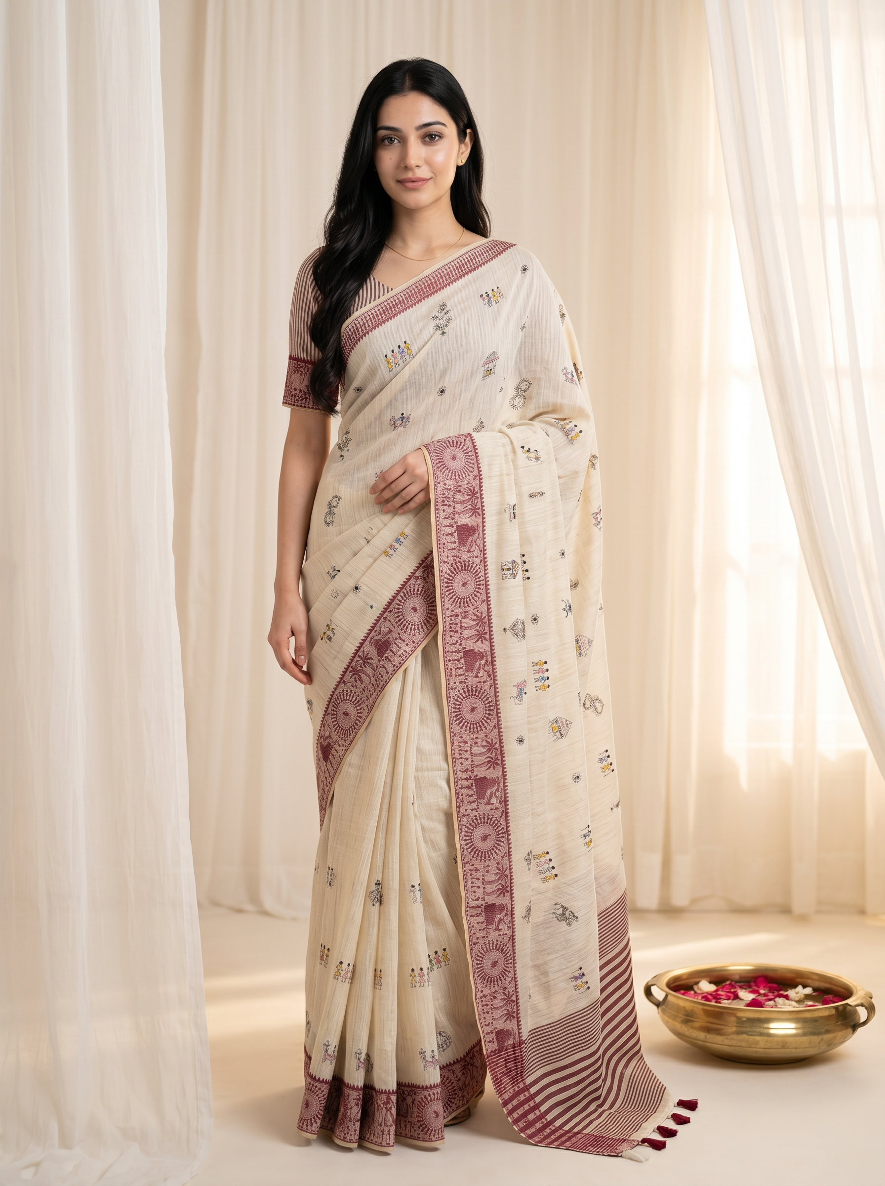 Peachmode Cream & Red Muga Silk Warli Weave Border Saree - Image 1