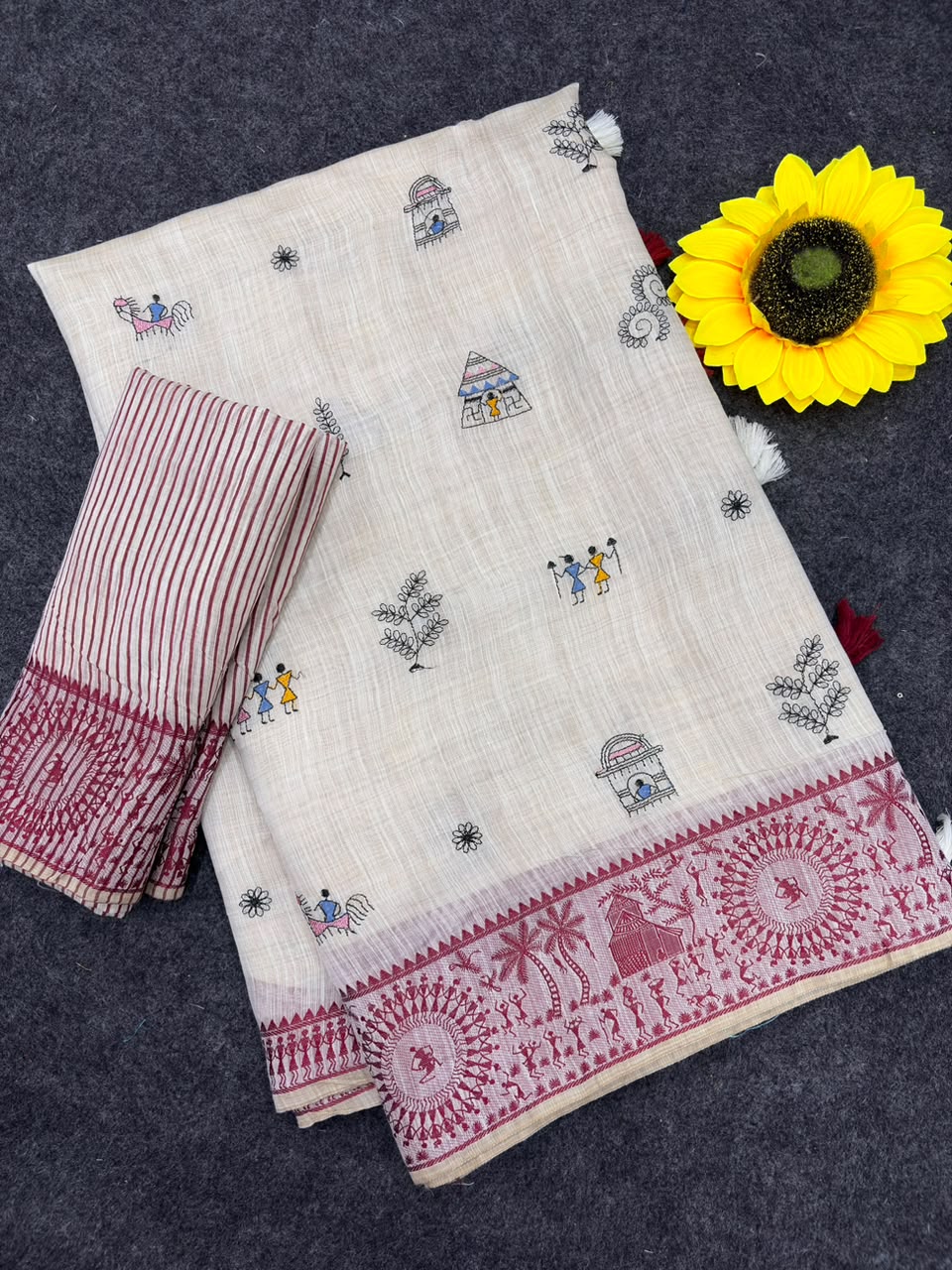 Peachmode Cream & Red Muga Silk Warli Weave Border Saree - Image 5