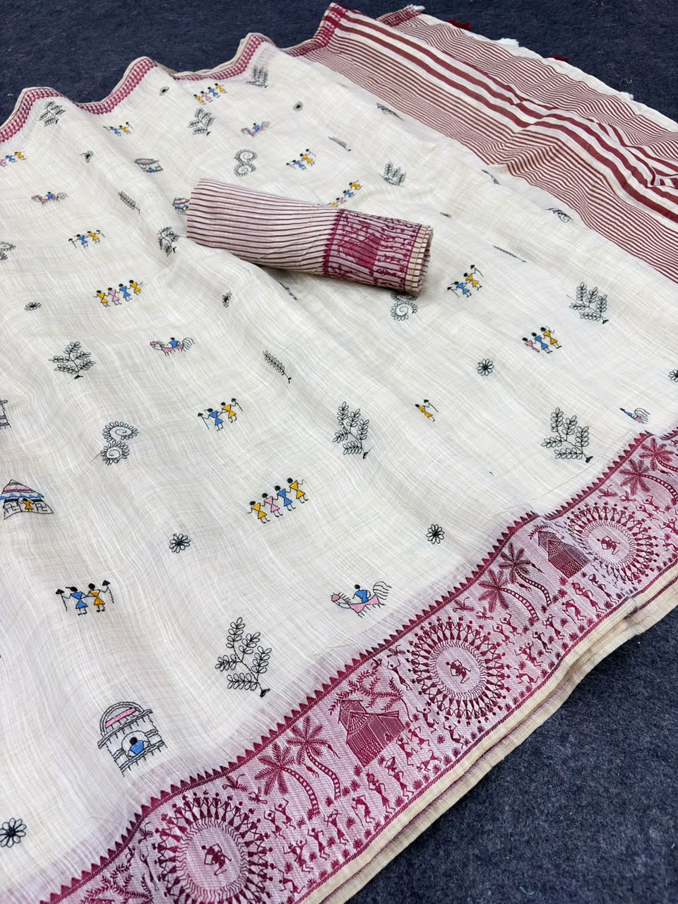 Peachmode Cream & Red Muga Silk Warli Weave Border Saree - Image 7