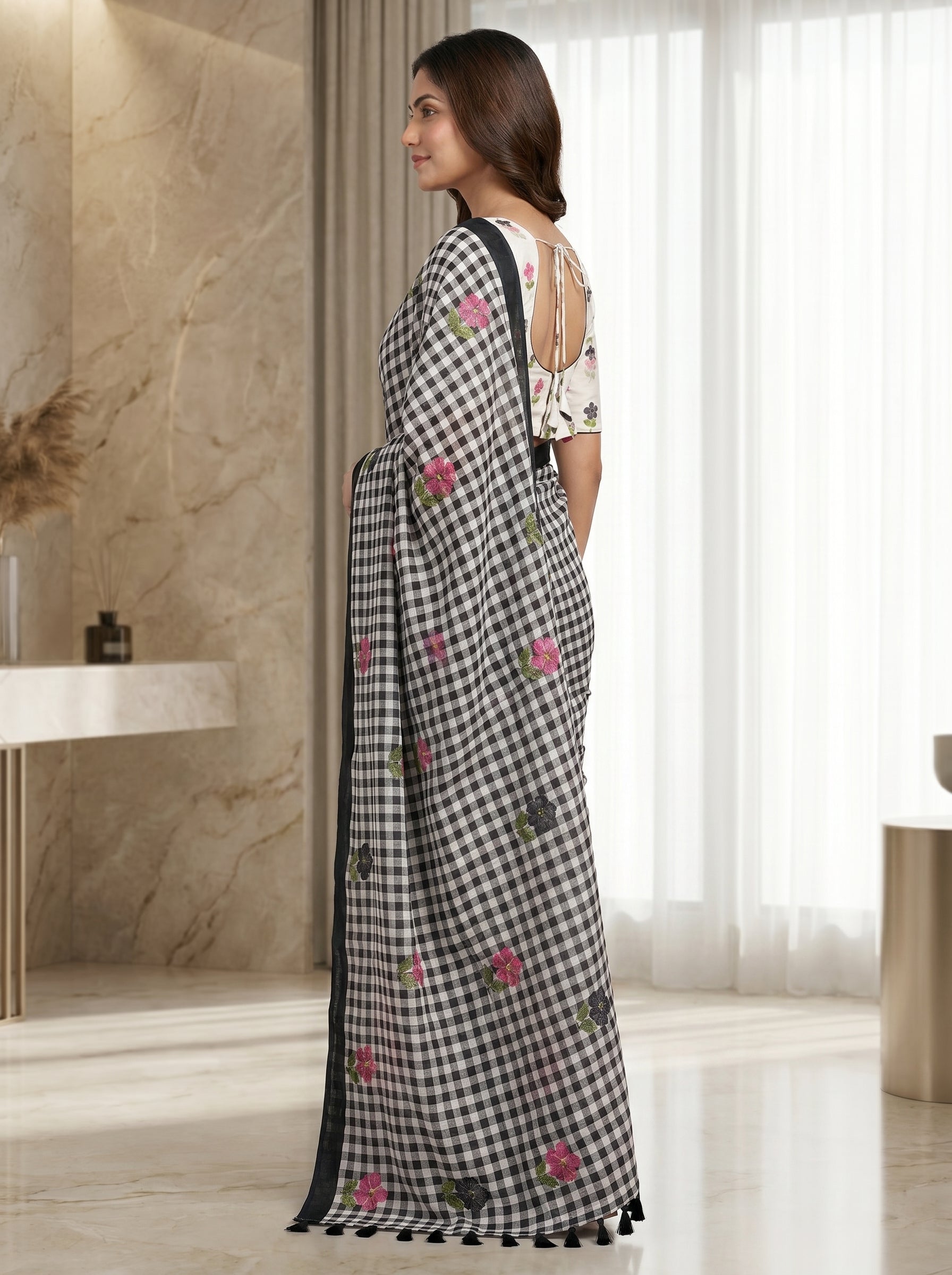 Peachmode Black Linen Cotton Checks Digital Print Saree - Image 4