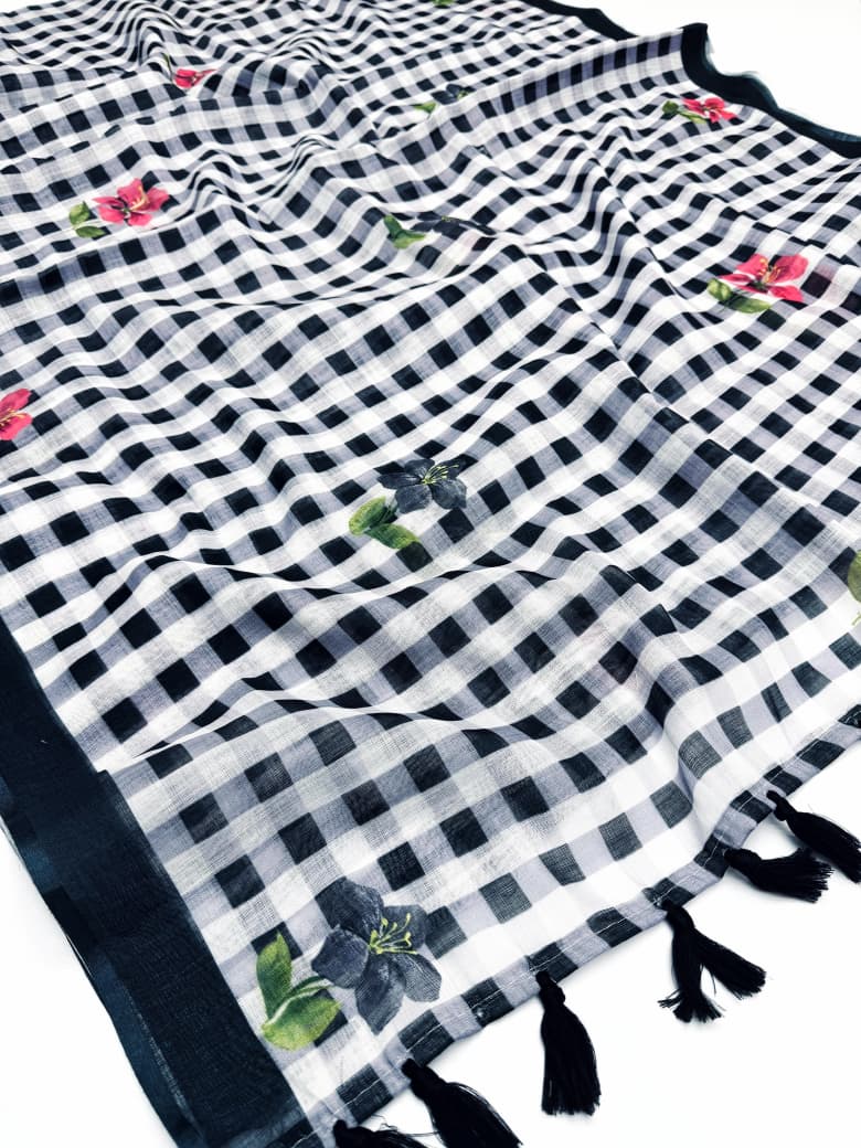 Peachmode Black Linen Cotton Checks Digital Print Saree - Image 5