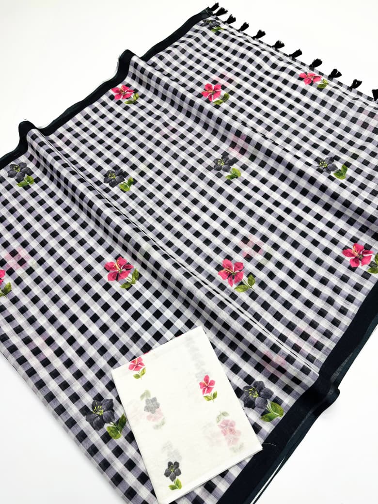 Peachmode Black Linen Cotton Checks Digital Print Saree - Image 6