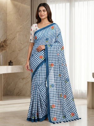 Peachmode Blue Linen Cotton Checks Digital Print Saree - Image 1