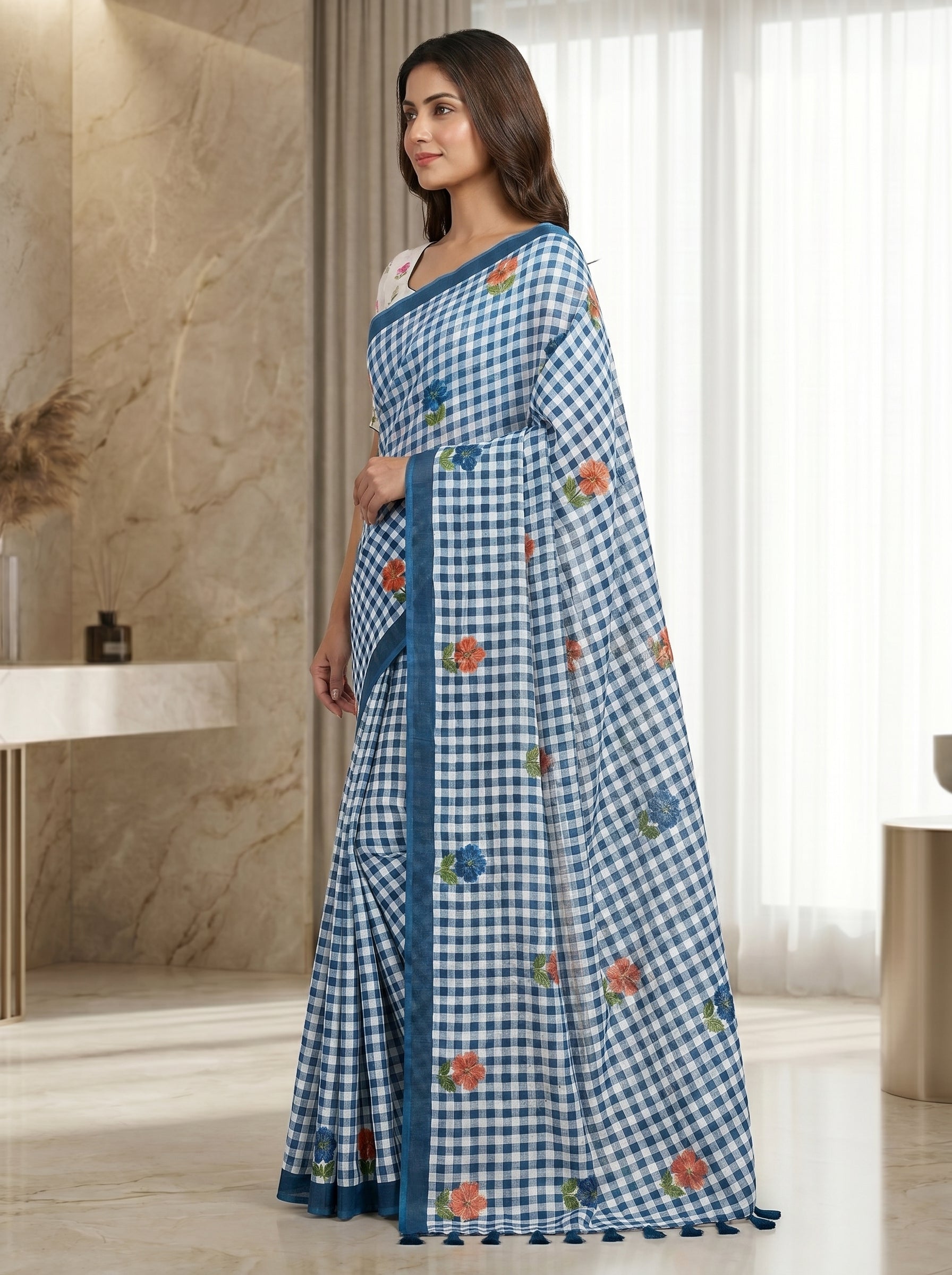 Peachmode Blue Linen Cotton Checks Digital Print Saree - Image 4